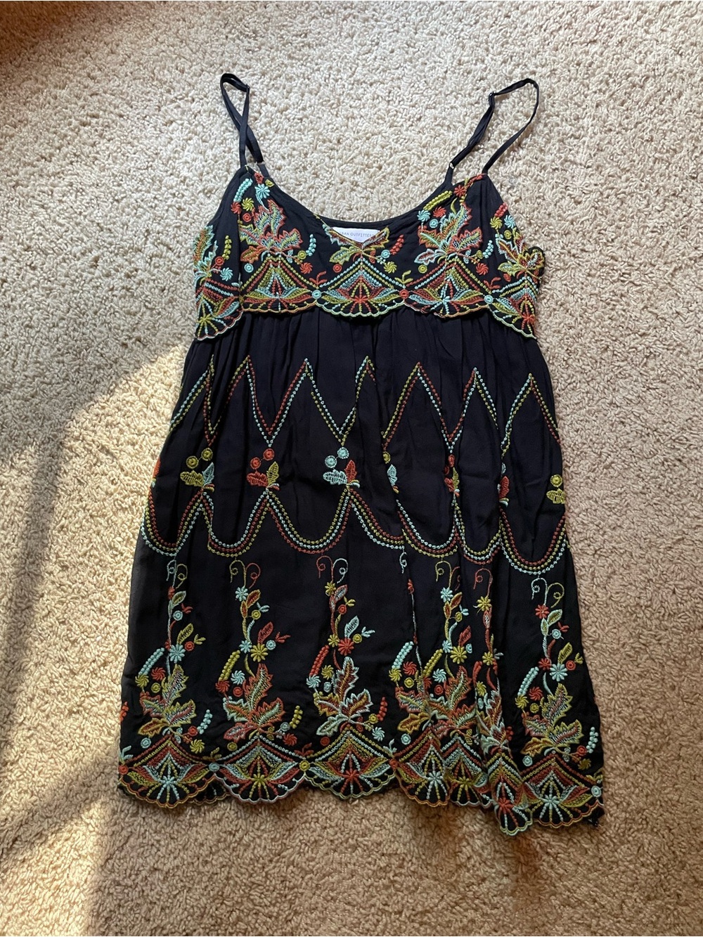 Black Embroidered Spaghetti-Strap Mini Dress - Multicolor Floral Detail